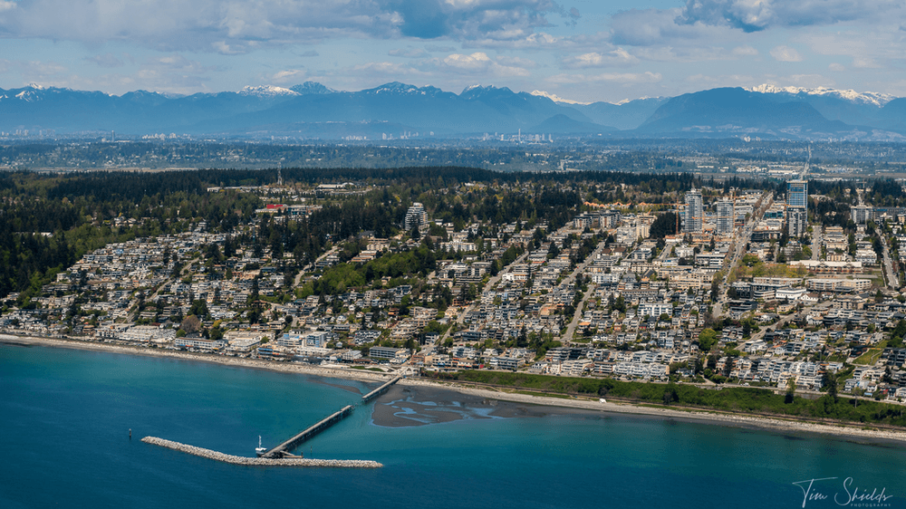 Aerial view of the City of White Rock and the storm damaged pier