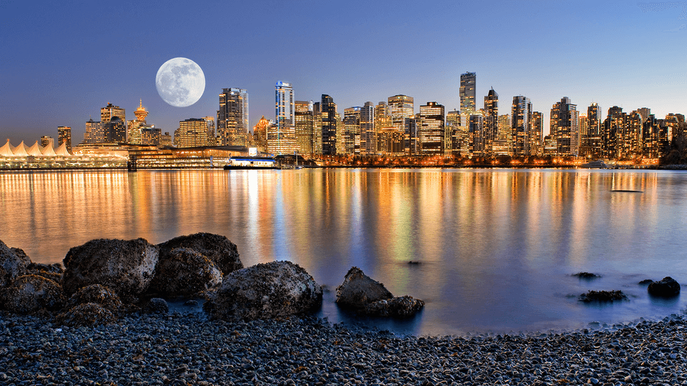 how to photograph the moon - Vancouver BC skyline