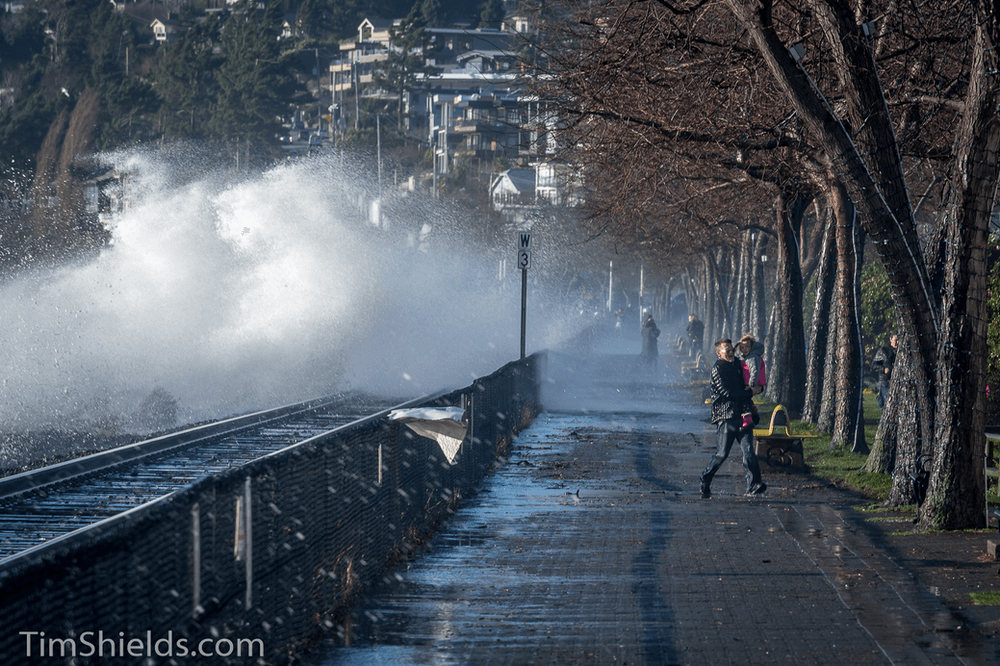 man runs from wave in White Rock, BC, Canada