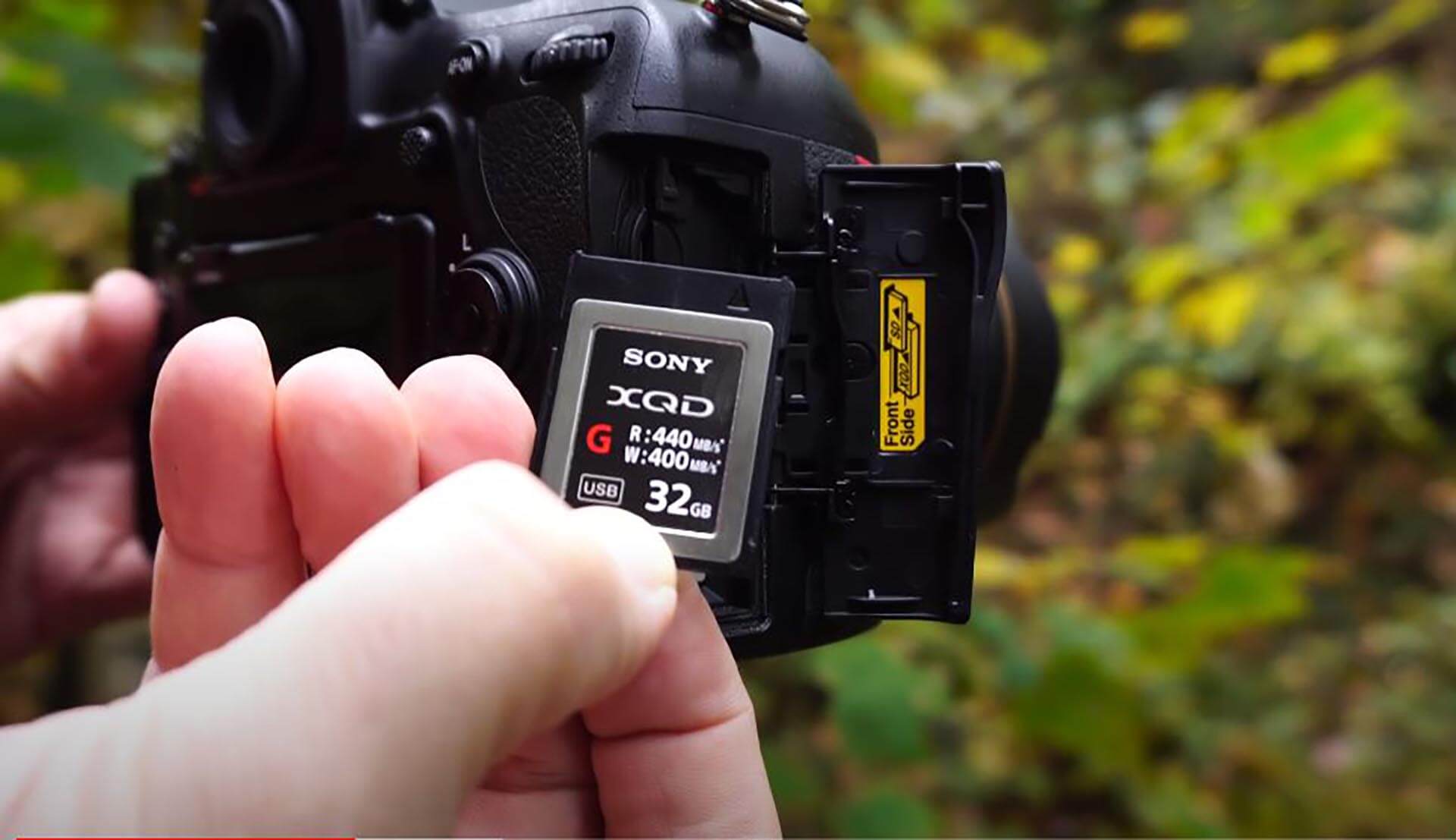 An XQD memory card inserted into the D850