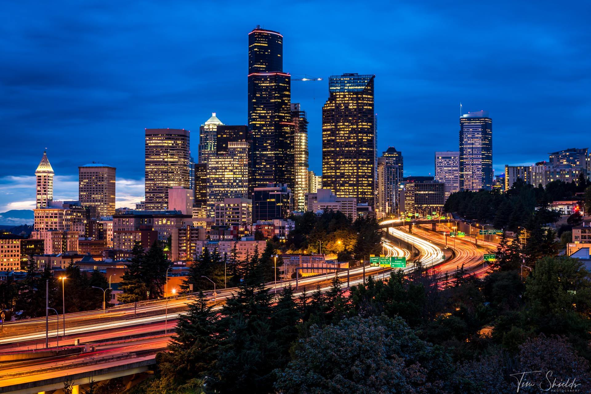 A long exposure image of Seattle at Blue Hour